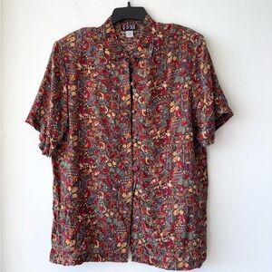 VTG Quo Silk Blouse Floral Colorful Short Sleeve Hook&Loop Women L Hippie 70s